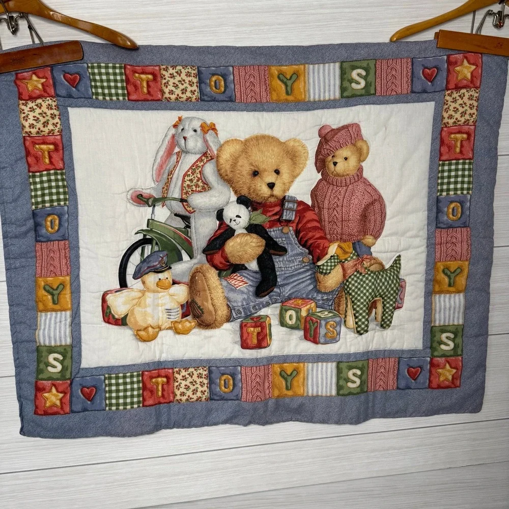 Handmade Quilted Wall‎ Hanging Art Decor Blue Jean Teddy Bear Toys Theme Nursery
